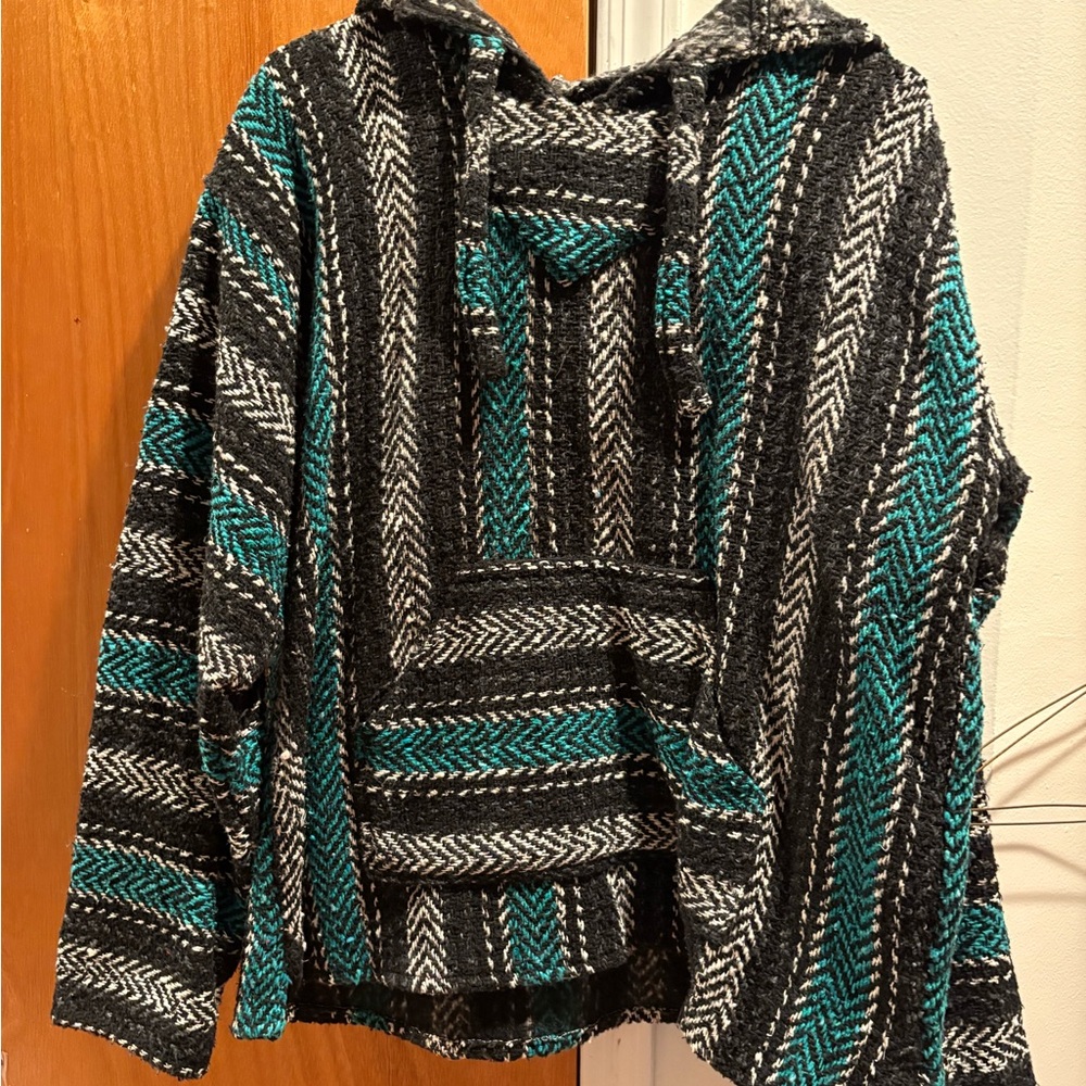 Chevron Pattern Hooded Sweater - Black, Gray, and Teal